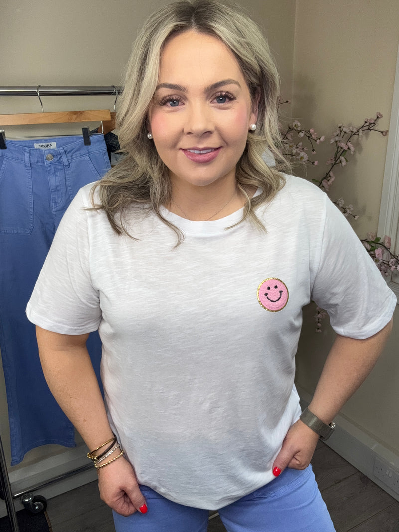 Coster Copenhagen White T-Shirt with Pink Embroidered Smiley Face