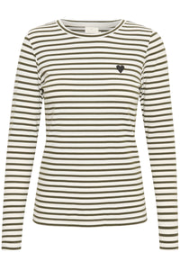 Kaffe Liddy Chalk/Forest Green Stripe Top with Black Heart, 10502821