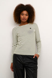 Kaffe Liddy Chalk/Forest Green Stripe Top with Black Heart, 10502821