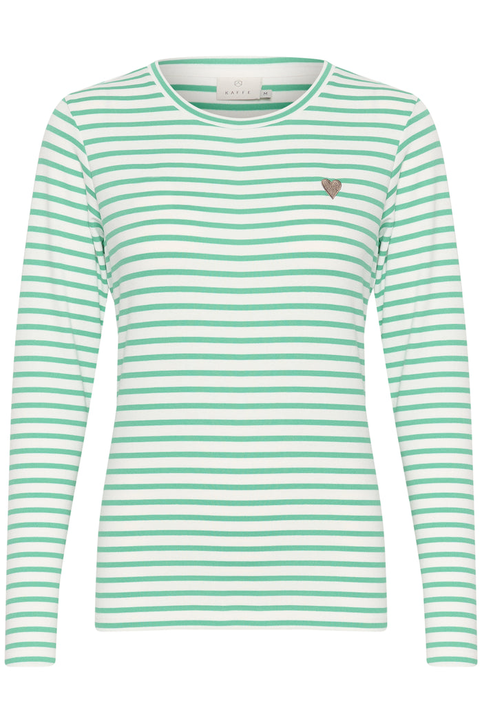 Kaffe Liddy Chalk/Gumdrop Green Stripe Top with Grey Heart, 10502821