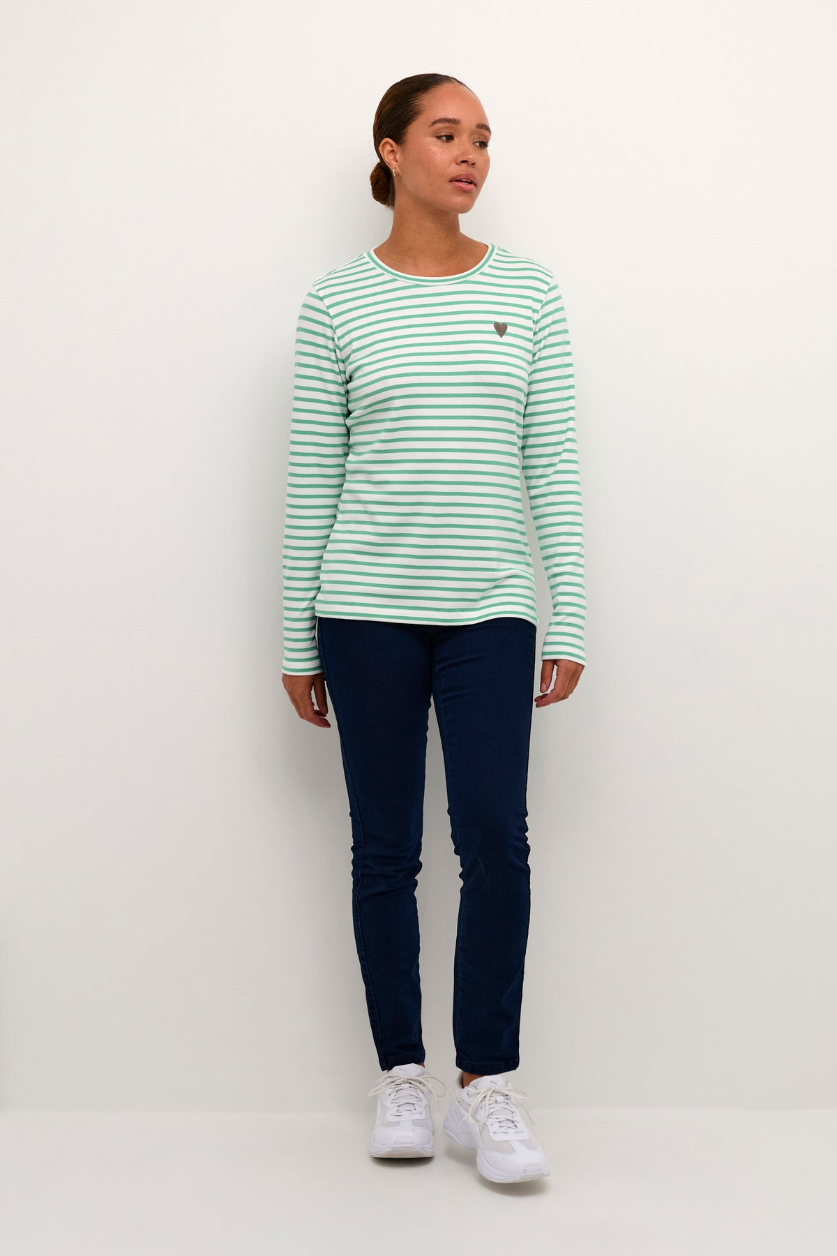 Kaffe Liddy Chalk/Gumdrop Green Stripe Top with Grey Heart, 10502821