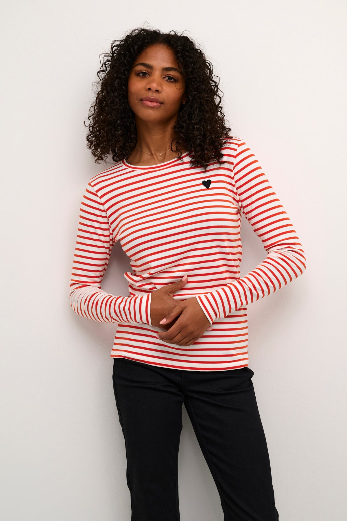 Kaffe Liddy Chalk/Fiery Red Stripe Top with Black Heart, 10502821