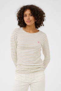 Kaffe Liddy Chalk/Feather Beige Stripe Top with Pink Heart