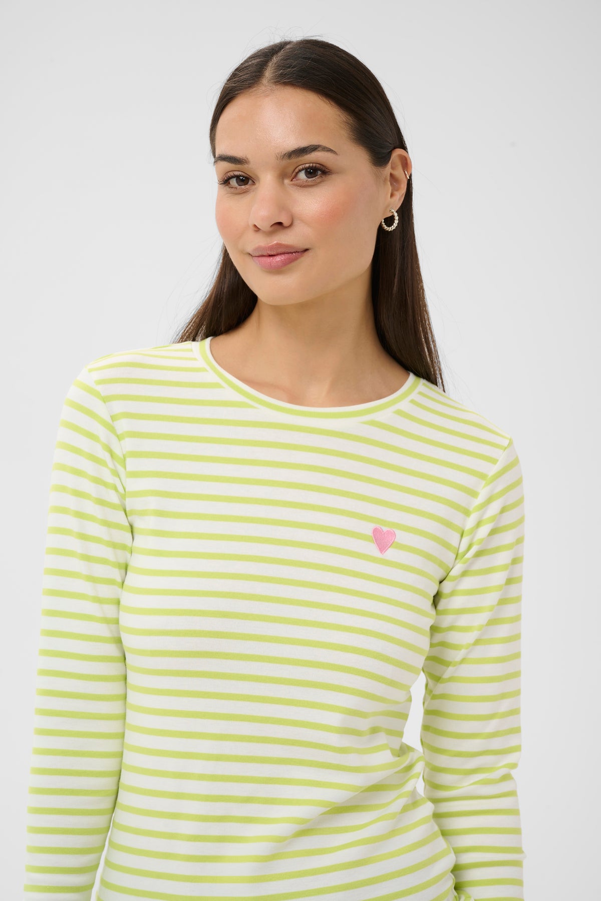 Kaffe Liddy Chalk/Wild Lime Stripe Top with Pink Heart, 10502821