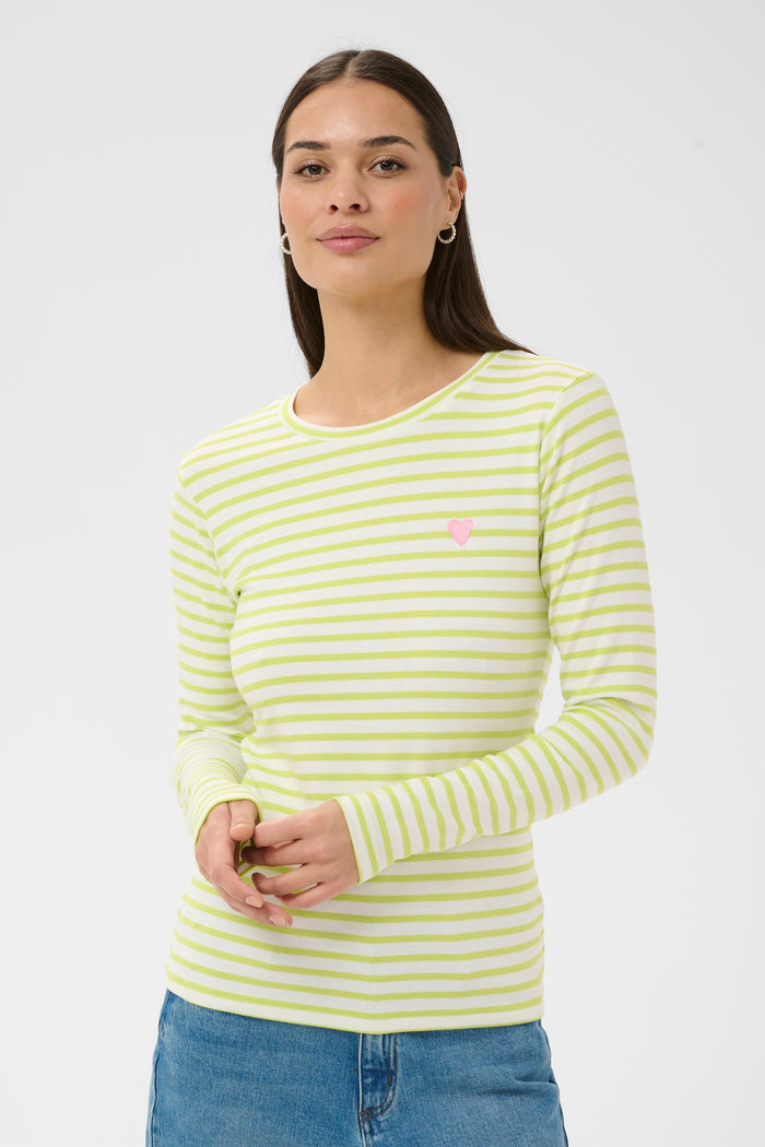 Kaffe Liddy Chalk/Wild Lime Stripe Top with Pink Heart, 10502821