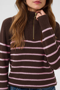Kaffe Kalioa Coffee Bean/Pink Stripe Knitted Half Zip Jumper, 10506116