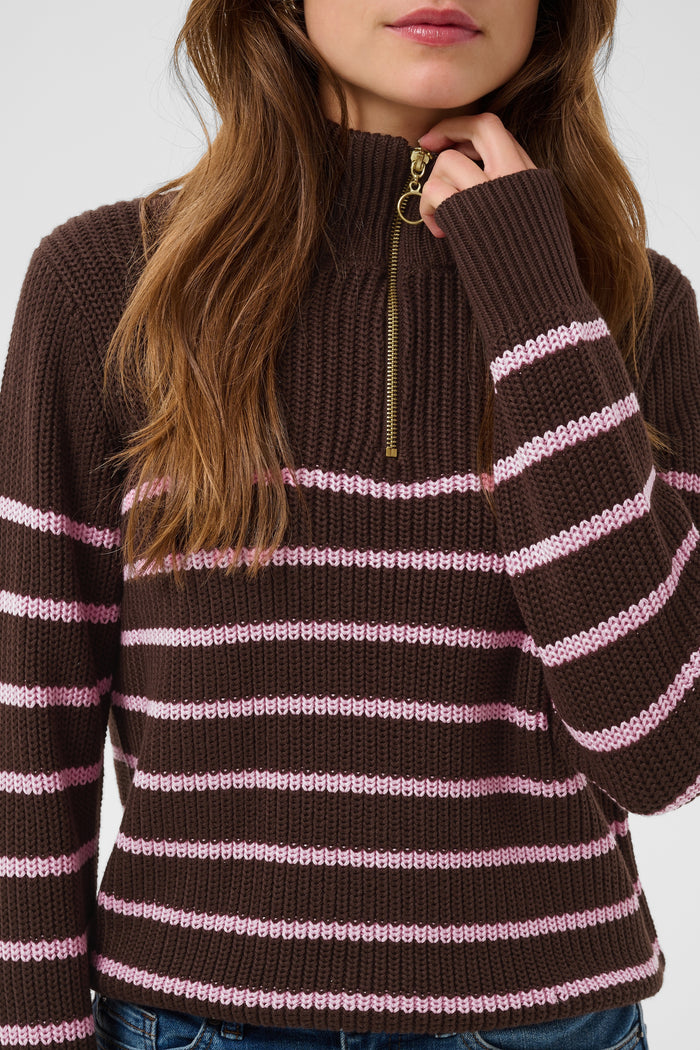 Kaffe Kalioa Coffee Bean/Pink Stripe Knitted Half Zip Jumper, 10506116