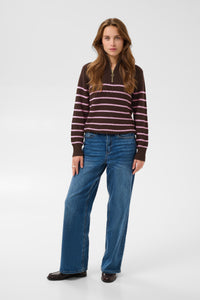Kaffe Kalioa Coffee Bean/Pink Stripe Knitted Half Zip Jumper, 10506116