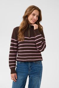 Kaffe Kalioa Coffee Bean/Pink Stripe Knitted Half Zip Jumper, 10506116