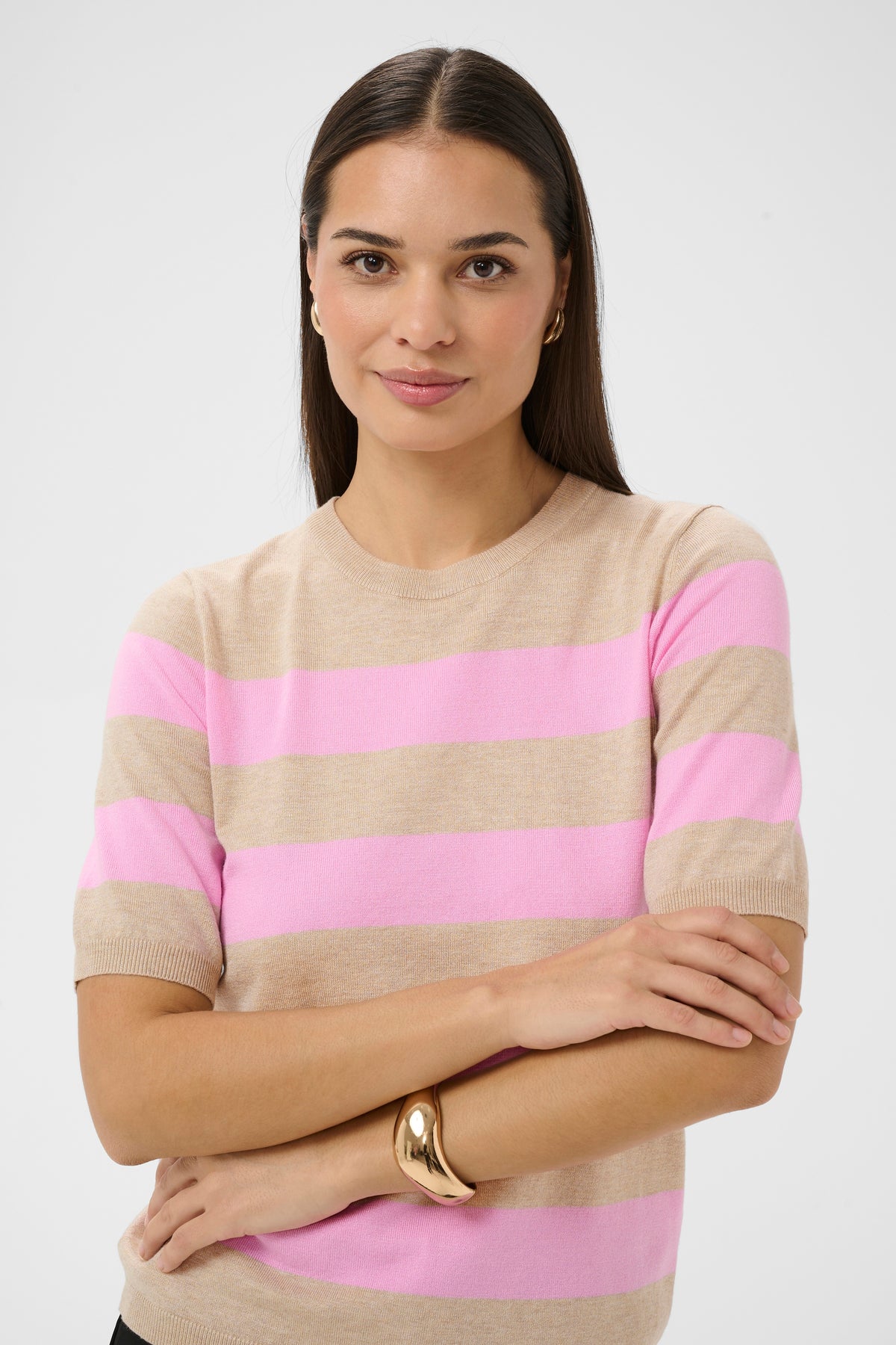 Kaffe Kalizza Feather Beige/Candy Pink Striped Knit