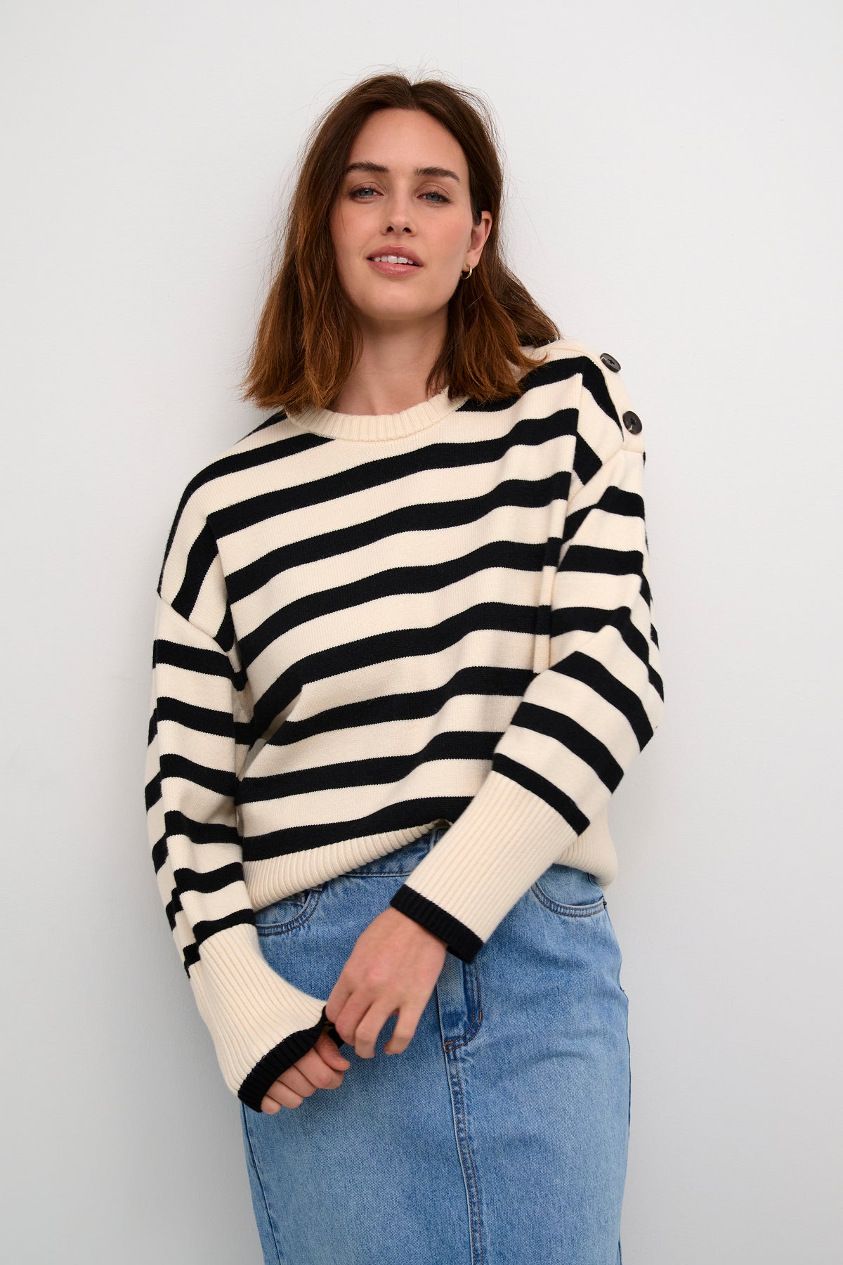 Kaffe Kamarie Antique Cream/Black Stripe Knitted Button Pullover, 10508747