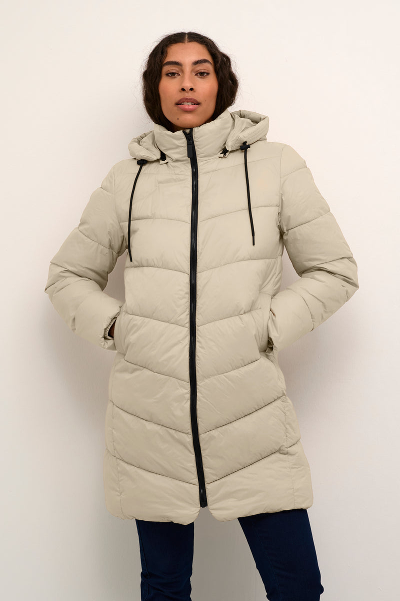 Kaffe Kasusanne Stone Beige Ultimate Puffa Knee Length Coat with Detachable Hood, 10508810