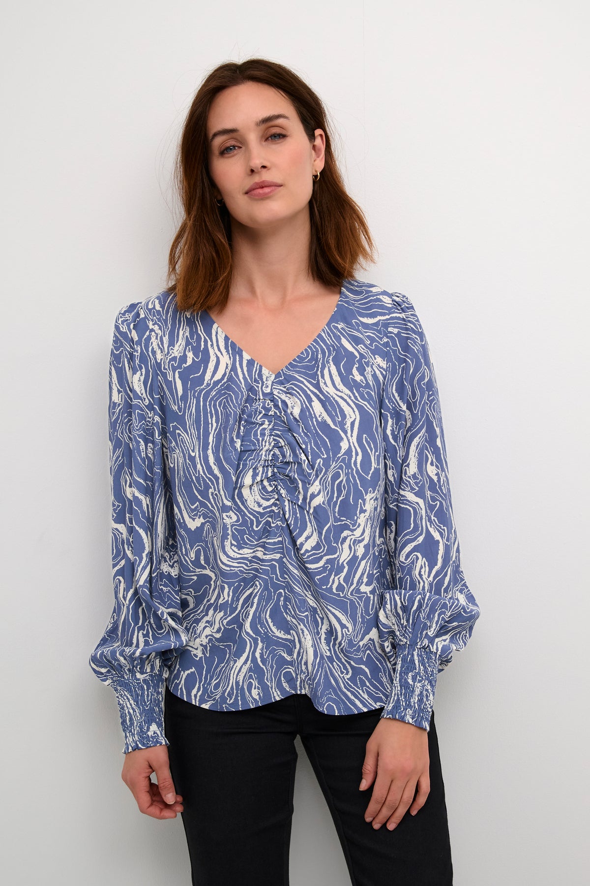 Kaffe Karona Blue Indigo Marble V-Neck Blouse, 10508919