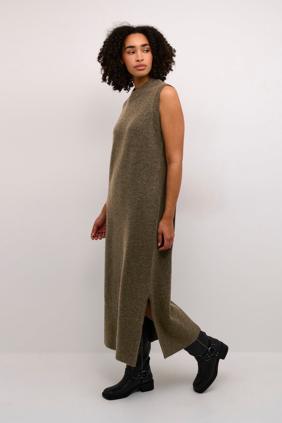 Kaffe Kaselma Major Brown Melange Knitted Sleeveless Longline Dress, 10509089