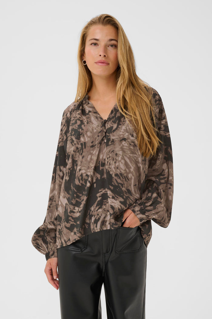 Kaffe Kajamie Chocolate Brown Abstract Print V-Neck Blouse