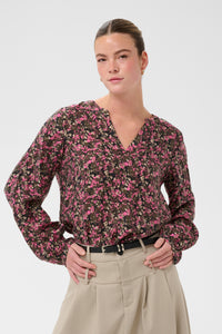 Kaffe KaBella Pink/Khaki Floral Printed V-Neck Blouse, 10511035