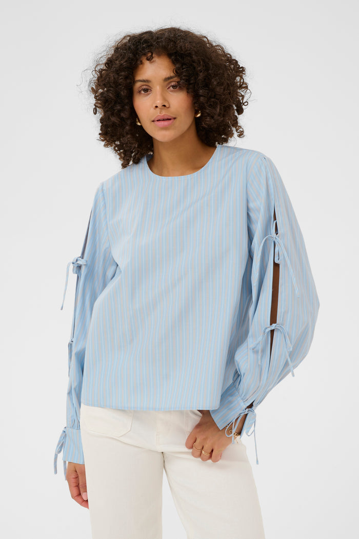 Kaffe Kalevia Blue Striped Blouse with Bow Detailing, 10511103