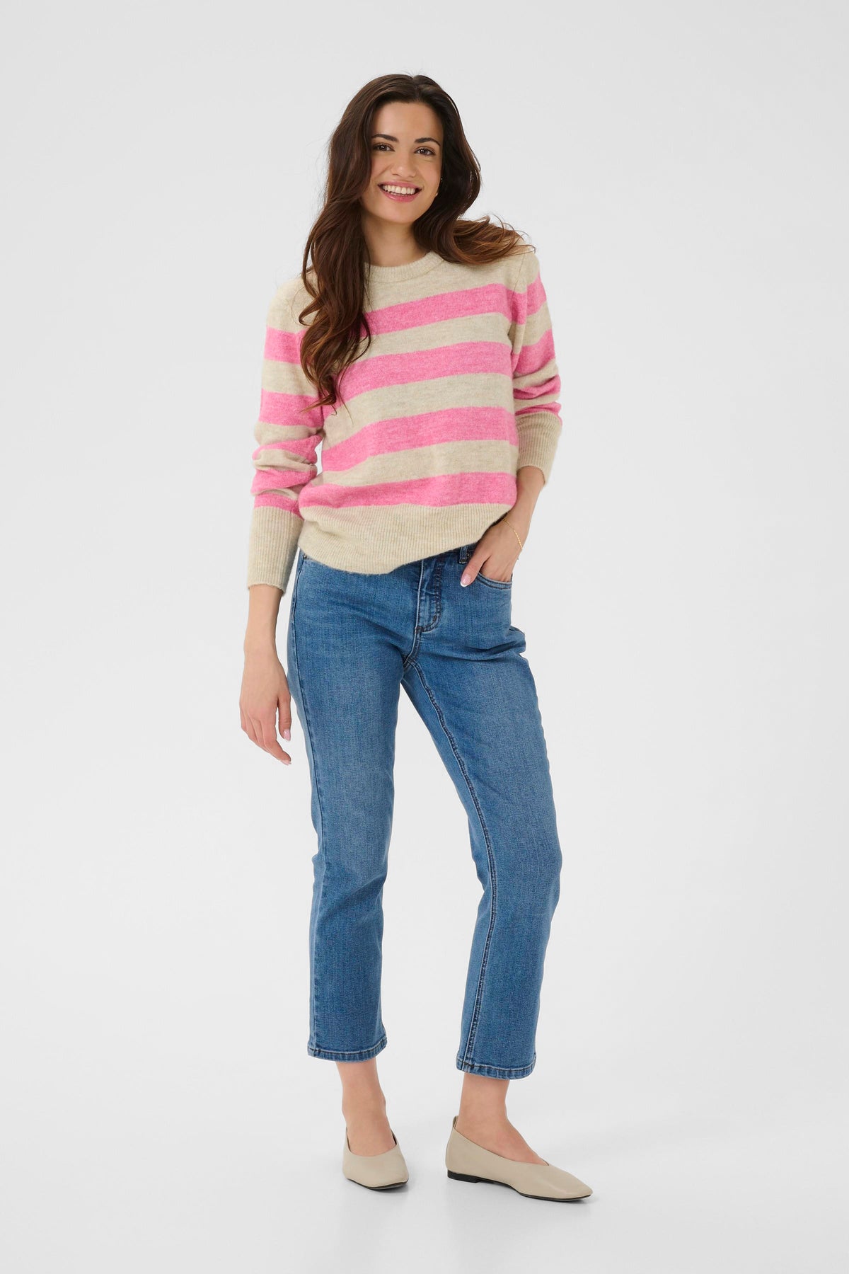 Kaffe Kaniel Beige Melange/Power Pink Striped Supersoft Knit, 10511212