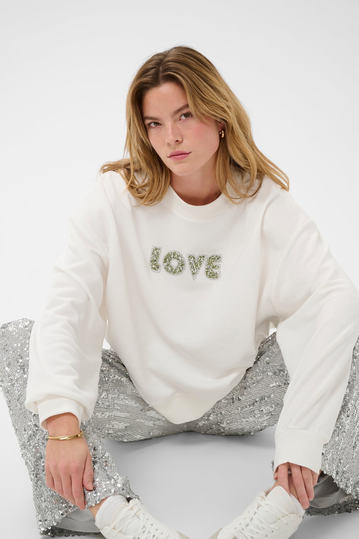 Kaffe Kalila Chalk 'LOVE' Embellished Logo Oversized Sweatshirt, 10511411