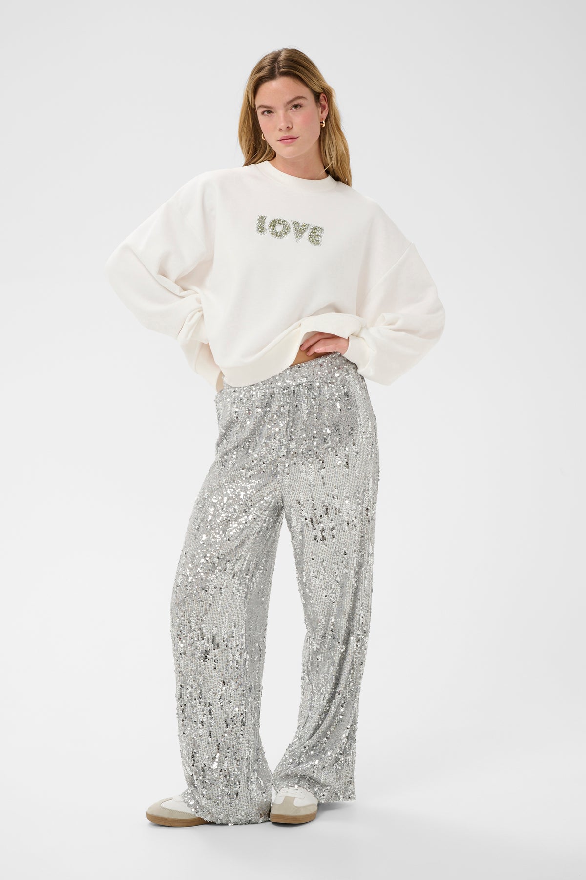 Kaffe Kalila Chalk 'LOVE' Embellished Logo Oversized Sweatshirt, 10511411
