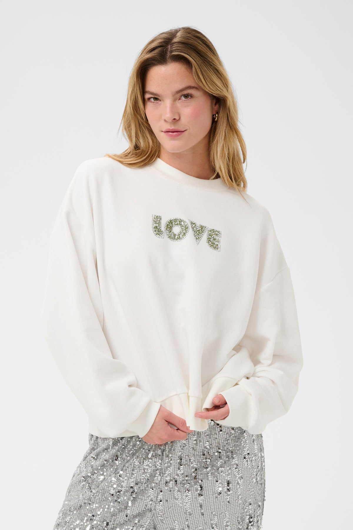 Kaffe Kalila Chalk 'LOVE' Embellished Logo Oversized Sweatshirt, 10511411