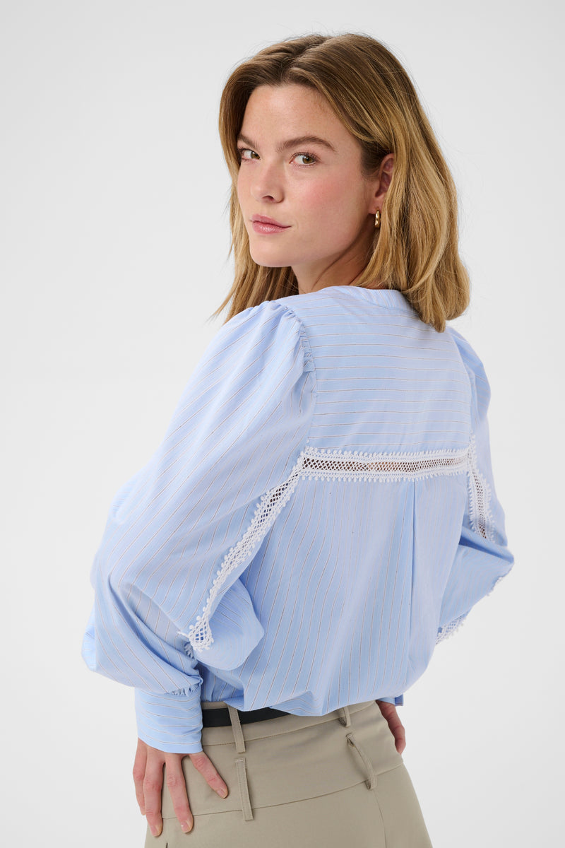 Kaffe Kajada Baby Blue Stripe V-Neck Blouse with Embroidered Back Detailing, 10511414