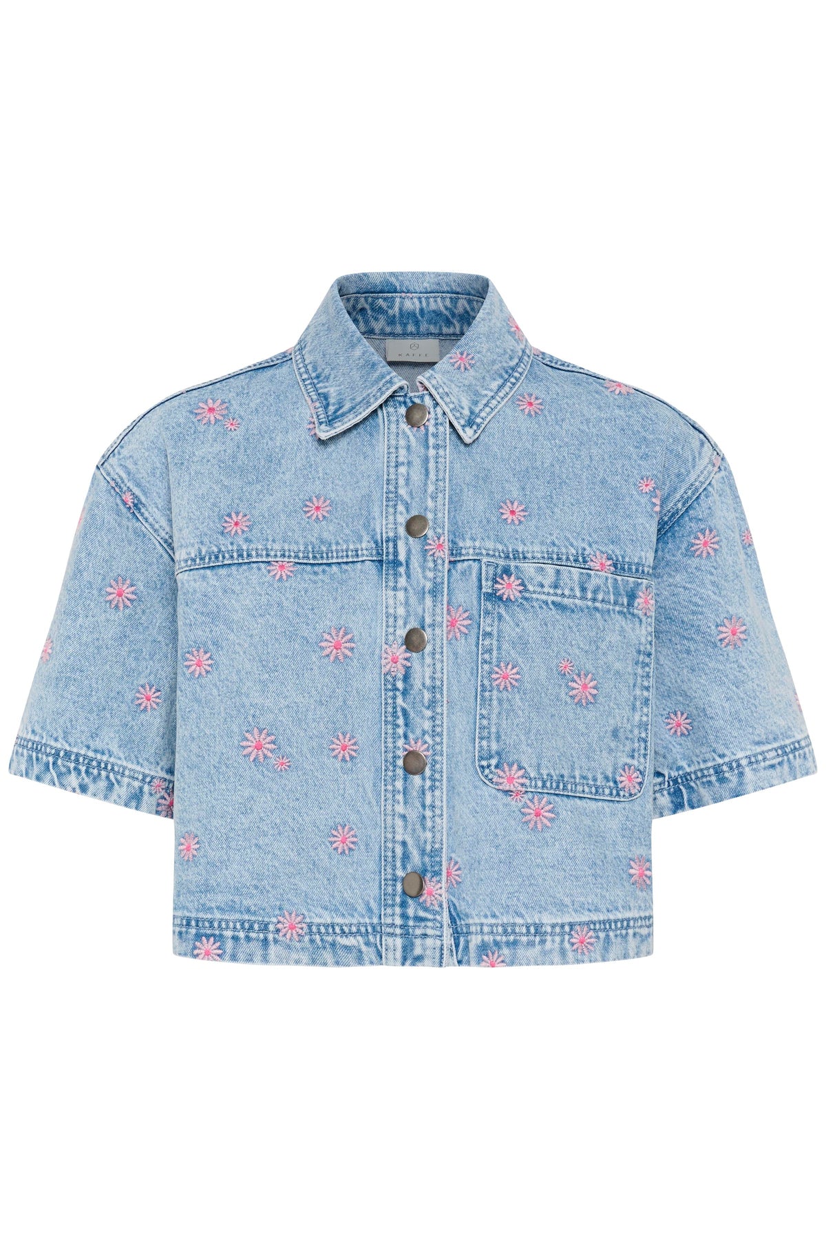 Kaffe Kababena Blue Denim Cropped Shirt with Pink Flower Embroidery, 10511544