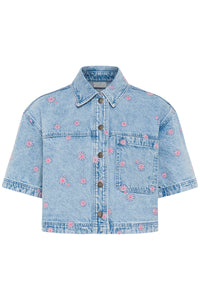 Kaffe Kababena Blue Denim Cropped Shirt with Pink Flower Embroidery, 10511544