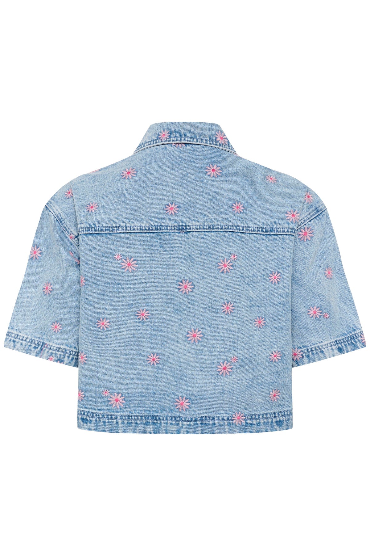 Kaffe Kababena Blue Denim Cropped Shirt with Pink Flower Embroidery, 10511544