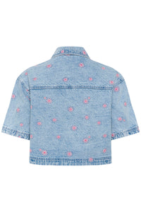 Kaffe Kababena Blue Denim Cropped Shirt with Pink Flower Embroidery, 10511544
