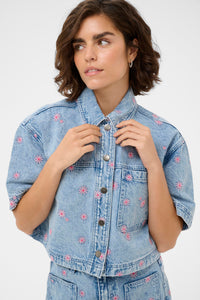 Kaffe Kababena Blue Denim Cropped Shirt with Pink Flower Embroidery, 10511544