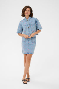 Kaffe Kababena Blue Denim Cropped Shirt with Pink Flower Embroidery, 10511544