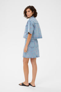 Kaffe Kababena Blue Denim Cropped Shirt with Pink Flower Embroidery, 10511544