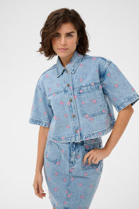 Kaffe Kababena Blue Denim Cropped Shirt with Pink Flower Embroidery, 10511544