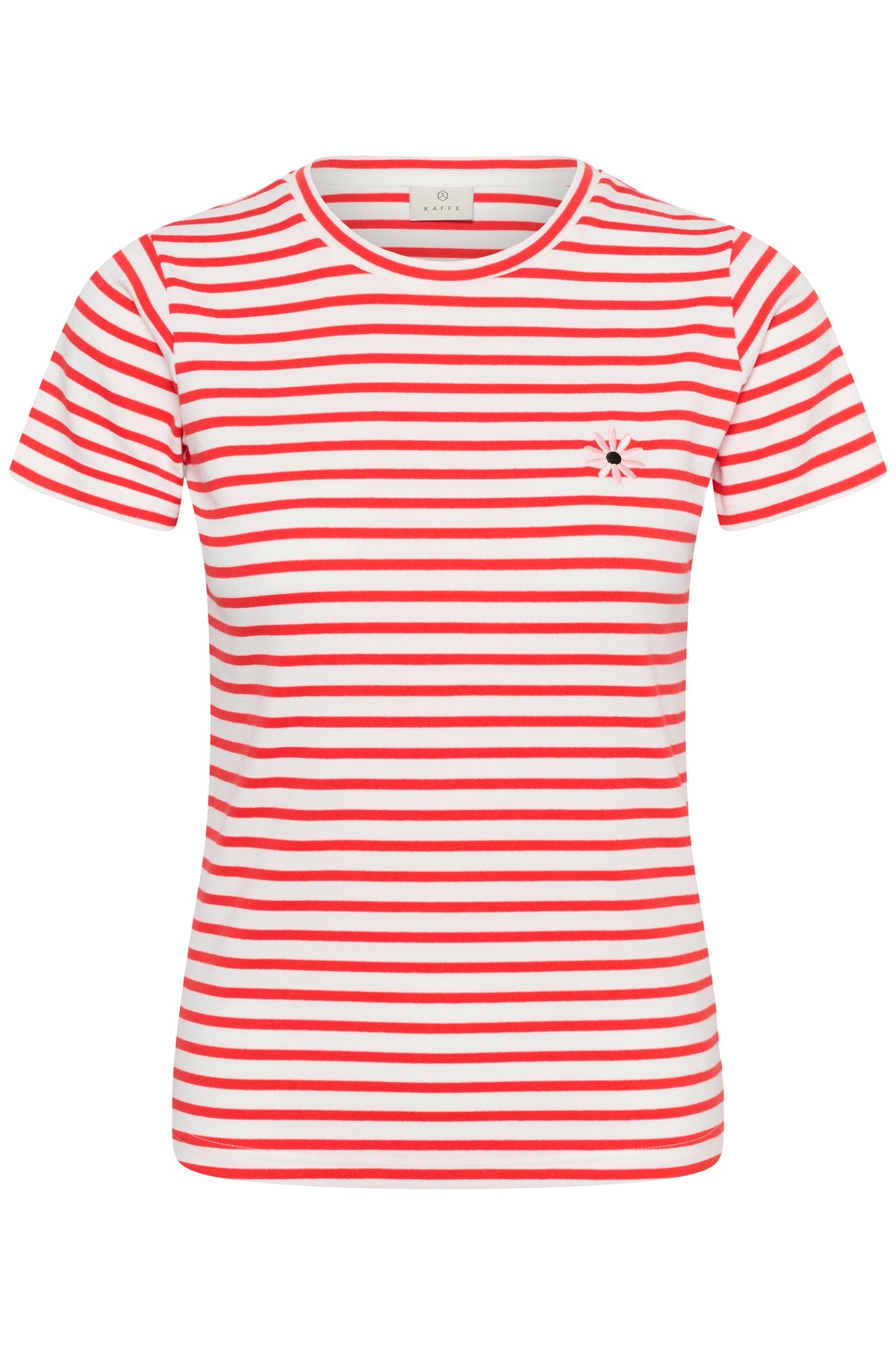 Kaffe Kaliddy Chalk/Poppy Red Striped T-Shirt with Embroidered Pink Flower, 10511591