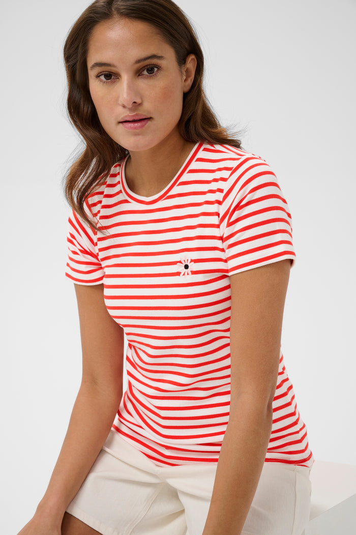 Kaffe Kaliddy Chalk/Poppy Red Striped T-Shirt with Embroidered Pink Flower, 10511591
