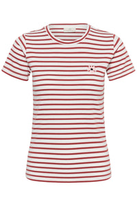 Kaffe Kaliddy Chalk/Henna Striped T-Shirt with Embroidered Pink Flower, 10511591