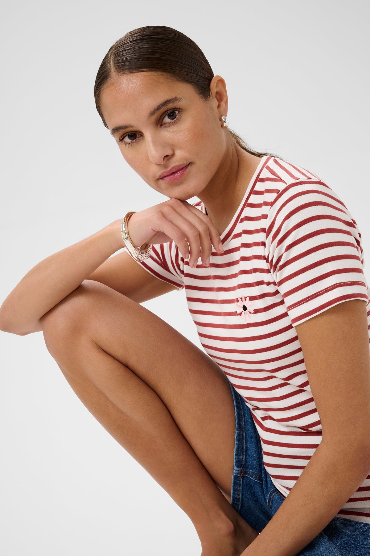 Kaffe Kaliddy Chalk/Henna Striped T-Shirt with Embroidered Pink Flower, 10511591