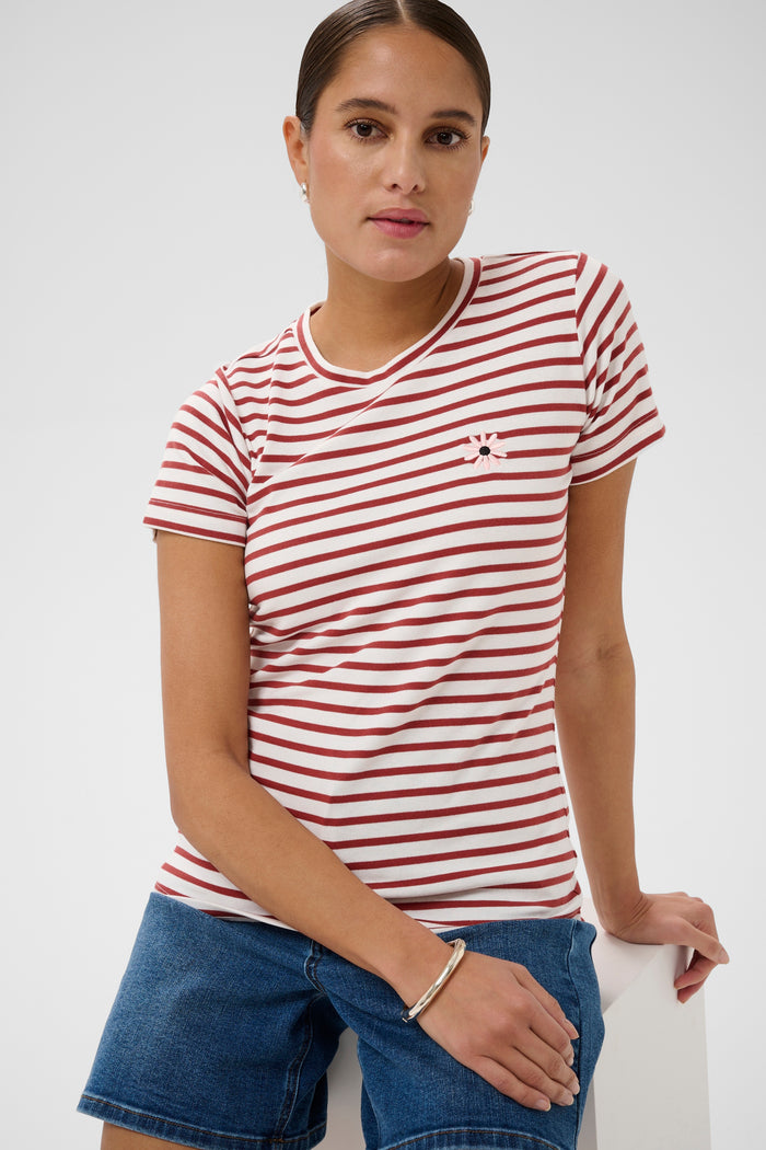 Kaffe Kaliddy Chalk/Henna Striped T-Shirt with Embroidered Pink Flower, 10511591