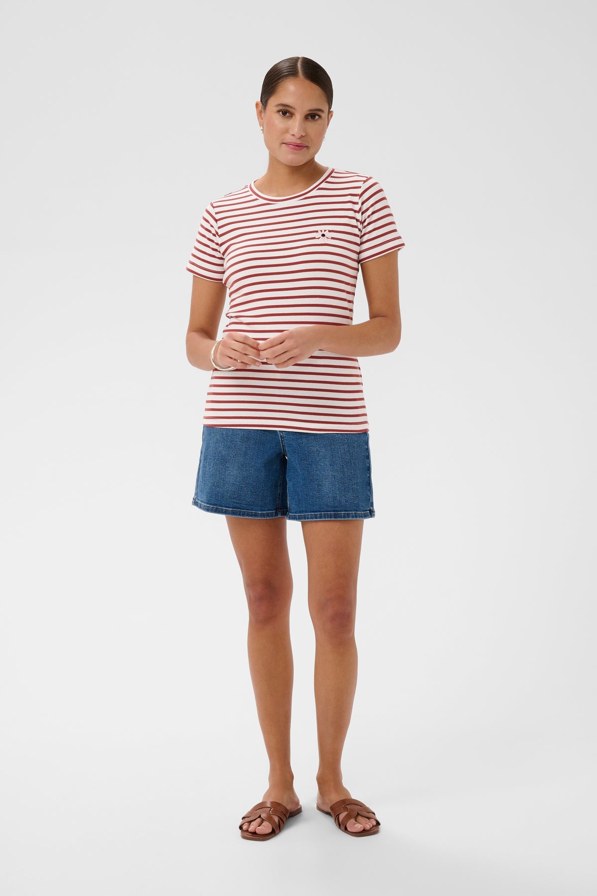 Kaffe Kaliddy Chalk/Henna Striped T-Shirt with Embroidered Pink Flower, 10511591