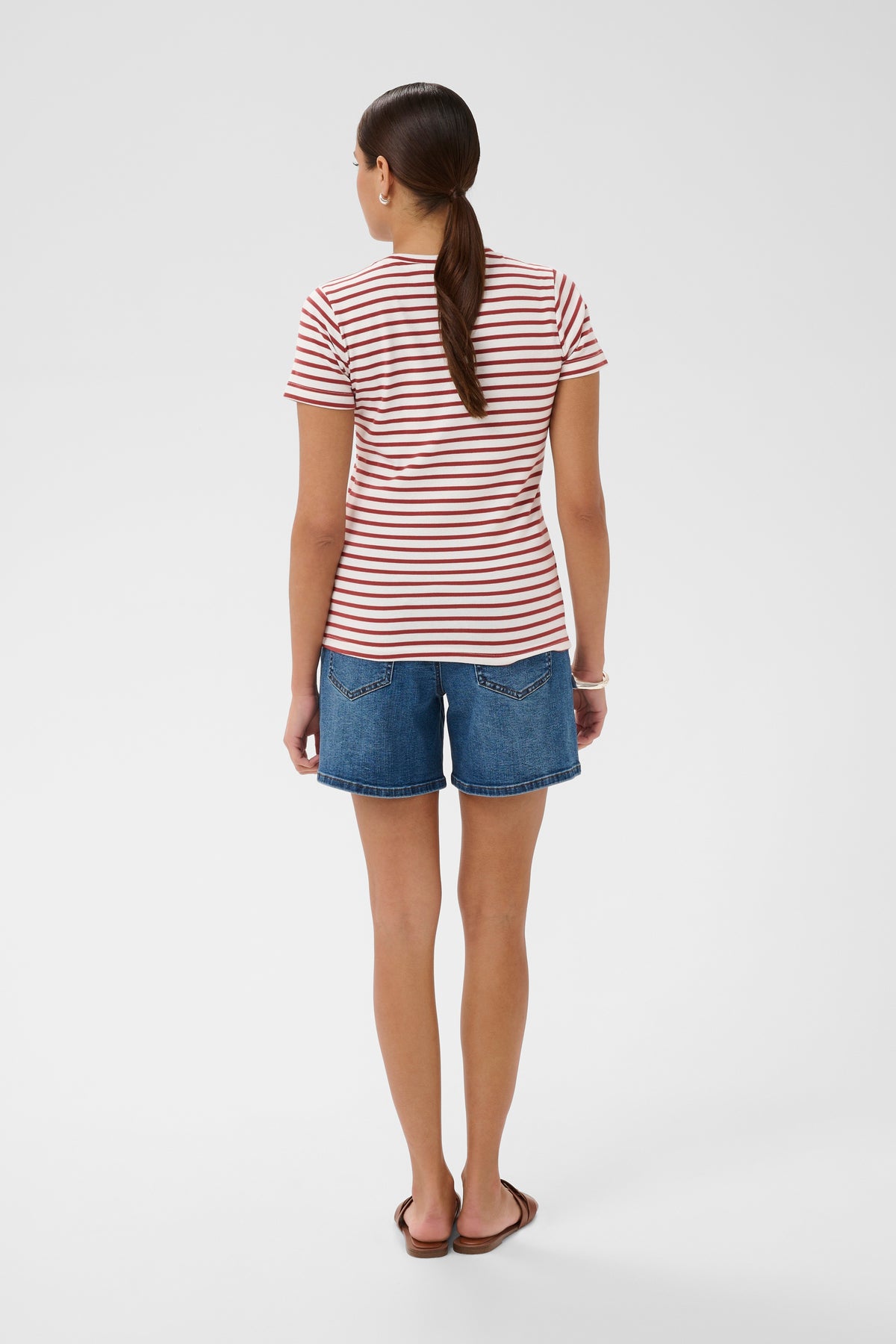 Kaffe Kaliddy Chalk/Henna Striped T-Shirt with Embroidered Pink Flower, 10511591