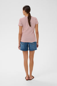 Kaffe Kaliddy Chalk/Henna Striped T-Shirt with Embroidered Pink Flower, 10511591