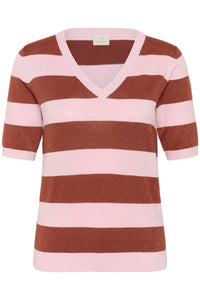 Kaffe Regina Ballerina Pink/Henna Lurex V-Neck Stripe Knit