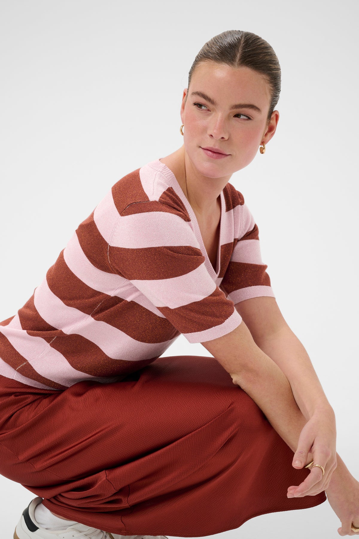 Kaffe Regina Ballerina Pink/Henna Lurex V-Neck Stripe Knit