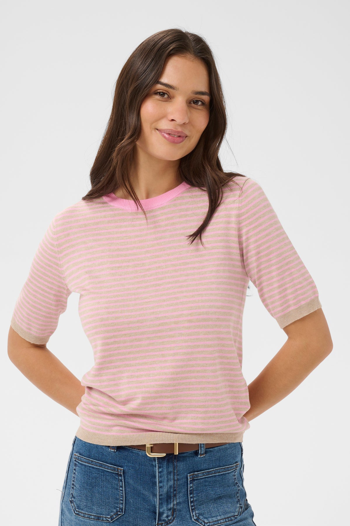 Kaffe Kalizza Feather Beige /Candy Striped Knit with Candy Pink Trim