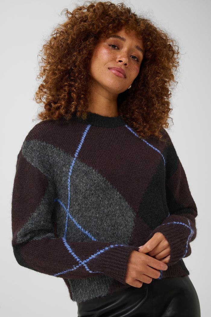 KAFFE Kagrith Dark Grey/Fudge Argyle Knit Pullover