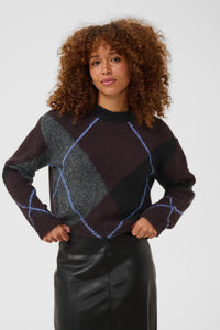 KAFFE Kagrith Dark Grey/Fudge Argyle Knit Pullover