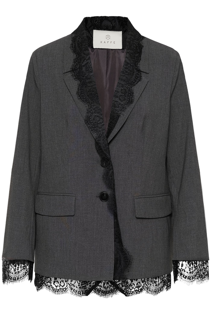 Kaffe Karielle Grey Melange Single Breasted Blazer with Lace Detailing, 10512351