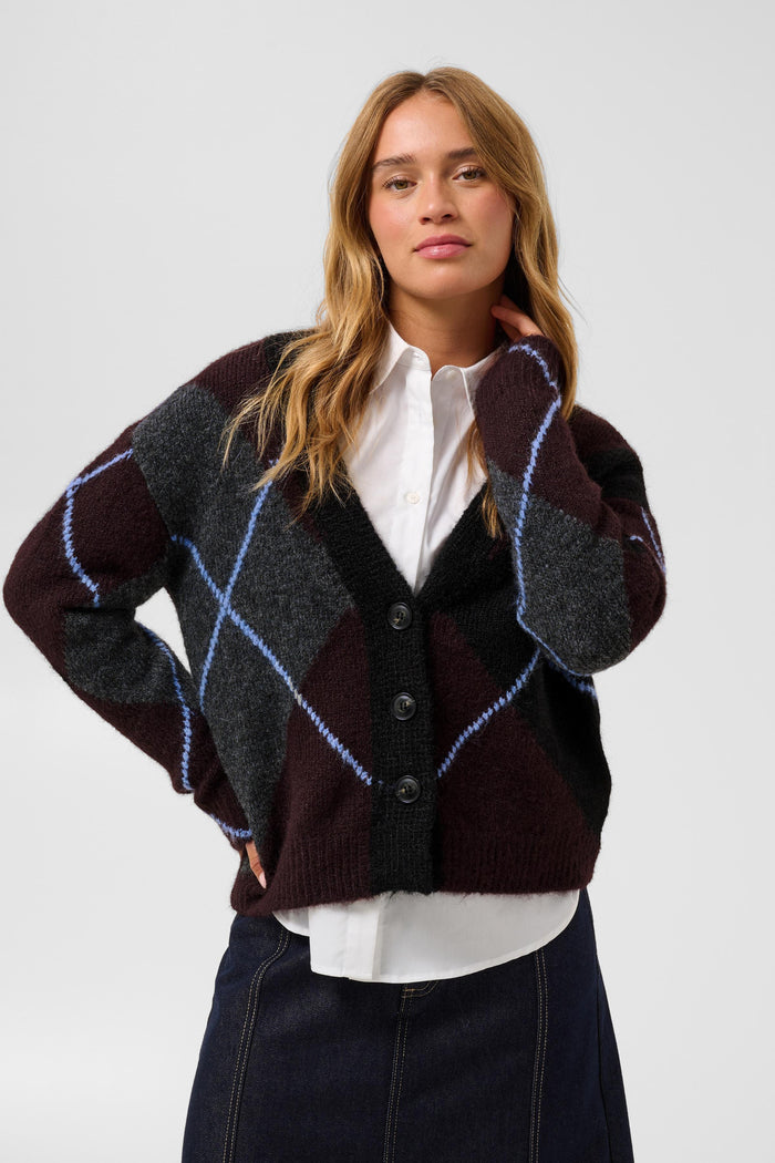 Kaffe Kagrith Dark Grey/Fudge Argyle Knit Cardigan, 10512617