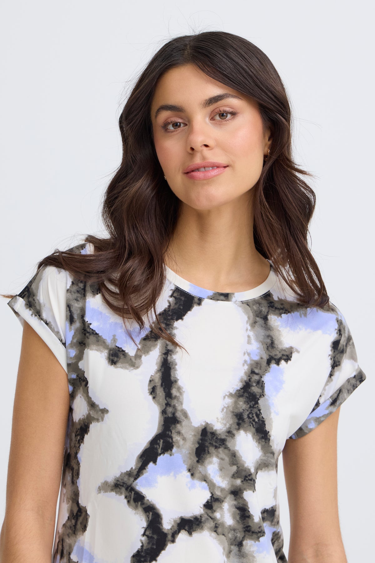 Fransa FrSeen Marble Hydrangea Blue Printed T-Shirt, 20610634